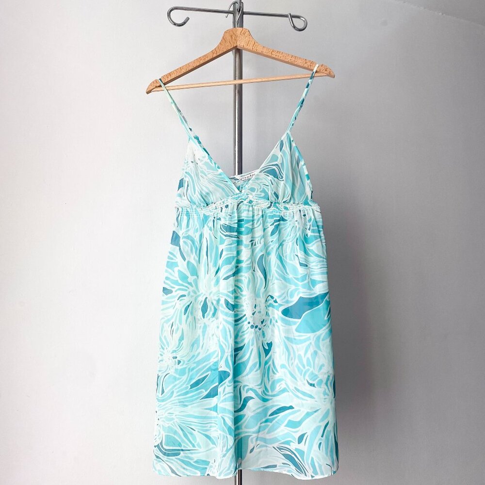 🌿 Turquoise Blue Sheer Midi Baby Doll Lingerie Dress w Floral Print